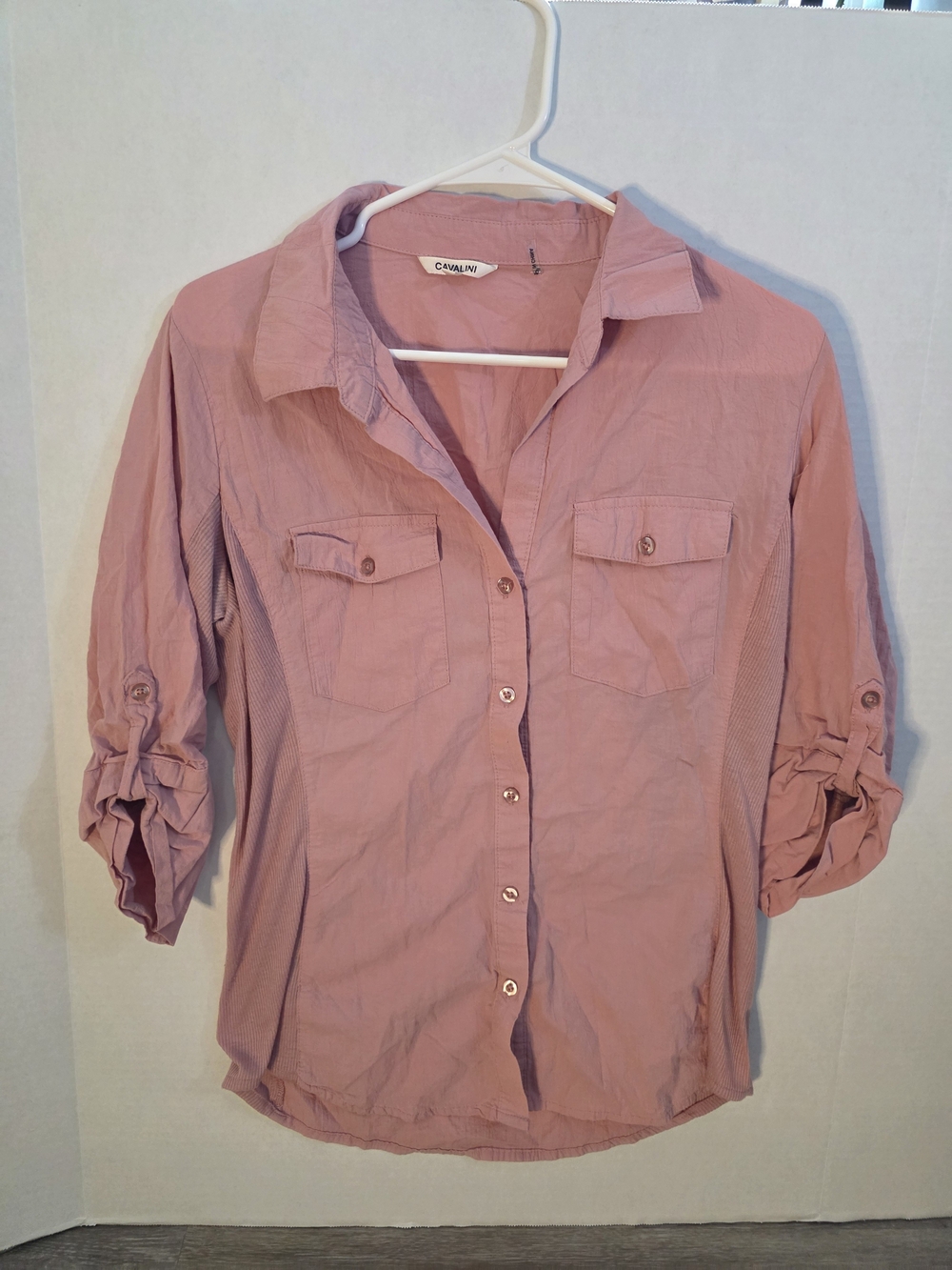 Cavalini Rose Button-Front Roll-Tab Shirt